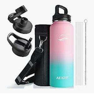 Large Stainless Steel Water Bottle - Leak Proof w/ 3 Lids + Carrying Pouch